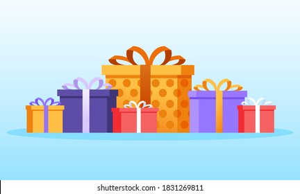 Set of colorful icons of gift boxes. Flat design for Christmas present, love valentine present on blue background. Vector illustration.
