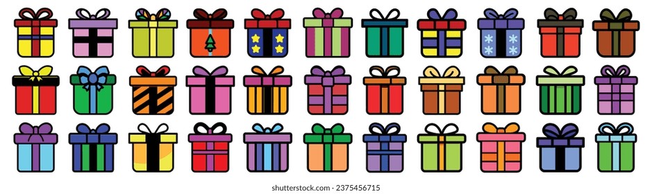 Set of colorful icons of gift boxes, flat design for Christmas, birthday valentine, vector illustration isolated