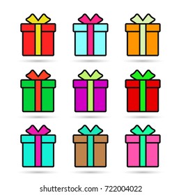 Set of colorful icons of gift boxes on white background. Vector.