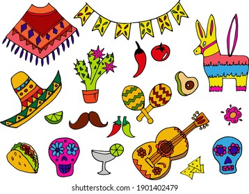 set of colorful icons mexica's items skull garland decoration guitar tequila sombrero poncho cactus vector isolated