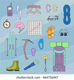 Set colorful icons of mountaineering equipments. Collection vector icons for climbing, trekking, hiking, tourism, expedition, extreme, camping, outdoor recreation and vacation in mountains.