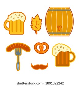 Set of colorful icons for Oktoberfest isolated on a white background. Vector barrel, beer glass, sausage on the fork, pretzel, mustache, malt.