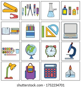Set of colorful icons on the theme of school and education, made in the style of Doodle, white background, design, banner, icon, design, vector illustration, isolated elements