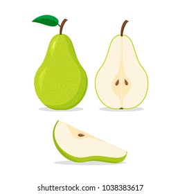 Set of colorful icons pear whole and cut on a white background. Fruit. Design for textiles, labels, posters. Vector illustration.