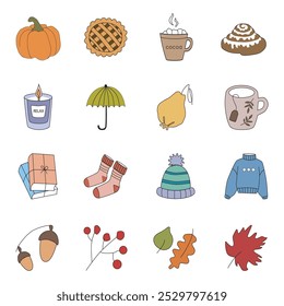 A set of colorful icons related to autumn. Cozy fall icons collection.  Candles, hot cocoa, socks, pie, pumpkin, etc. Autumn sticker set. Vector illustration