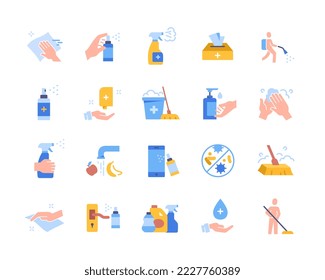 Set of colorful icons related to cleaning and disinfection. Bottles or sprays of detergents, antiseptics and hand creams and floor mop. Cartoon flat vector collection isolated on white background