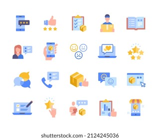 Set of colorful icons related to Customer Review. Bright stickers with opinion of customers, report, feedback, delivery and thumbs up. Cartoon flat vector collection isolated on white background