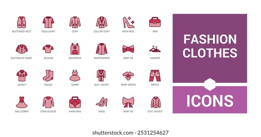 Conjunto de iconos coloridos relacionados con la moda, el graznido y la ropa. Línea y colección de iconos sólidos para Web y ui. Paquete de iconos de esquema, los nombres de iconos rellenos están escritos en inglés.