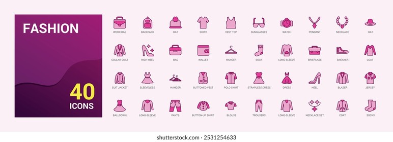 Set of colorful icons related to fashion, cawing, and clothing. Line and solid icon collection for web and ui. Outline icon pack, Filled icon names are written in English.