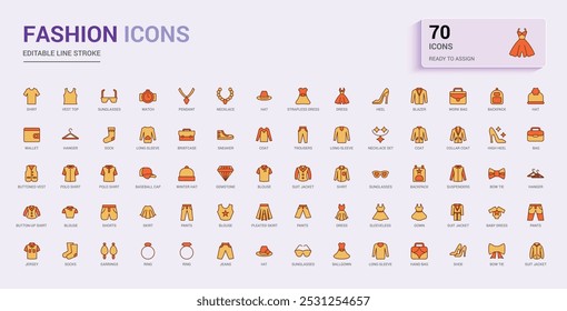 Set of colorful icons related to fashion, cawing, and clothing. Line and solid icon collection for web and ui. Outline icon pack, Filled icon names are written in English.