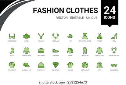 Conjunto de iconos coloridos relacionados con la moda, el graznido y la ropa. Línea y colección de iconos sólidos para Web y ui. Paquete de iconos de esquema, los nombres de iconos rellenos están escritos en inglés.