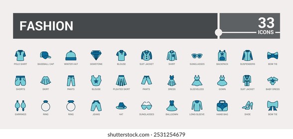 Set of colorful icons related to fashion, cawing, and clothing. Line and solid icon collection for web and ui. Outline icon pack, Filled icon names are written in English.