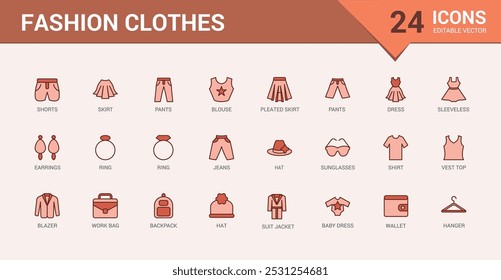 Conjunto de iconos coloridos relacionados con la moda, el graznido y la ropa. Línea y colección de iconos sólidos para Web y ui. Paquete de iconos de esquema, los nombres de iconos rellenos están escritos en inglés.