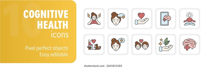 Set of colorful icons representing cognitive health, with illustrations of people practicing mindfulness and self-care
