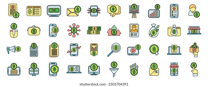 Set of colorful icons representing different ways of earning money online, including digital marketing, e commerce, and online business strategies