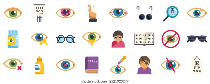 Farbige Symbole, die verschiedene Aspekte der Ophthalmologie darstellen, von Augenkrankheiten bis hin zur Sehkorrektur