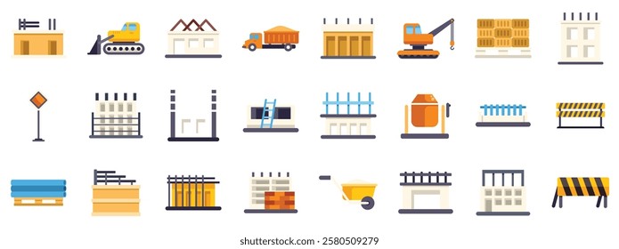 Set of colorful icons representing different aspects of construction, including machinery, materials, and building stages, ideal for visualizing the building process