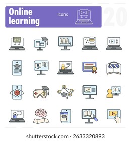 Conjunto de ícones coloridos que representam diferentes aspectos da aprendizagem on-line, com notebooks, livros e headsets de realidade virtual