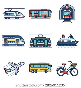 A set of colorful icons representing different forms of transportation including trains buses airplanes and a bicycle