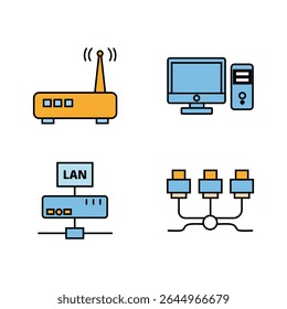 Um conjunto de ícones coloridos que representam a rede: roteador Wi-Fi, computador desktop, conexão LAN e cabos de rede. Ideal para tecnologia, Internet e temas de comunicação.