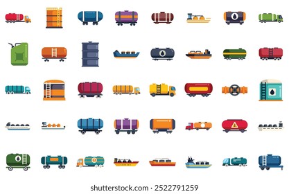 Conjunto de ícones coloridos que representam a indústria petrolífera, o transporte e o armazenamento de petróleo e produtos petrolíferos