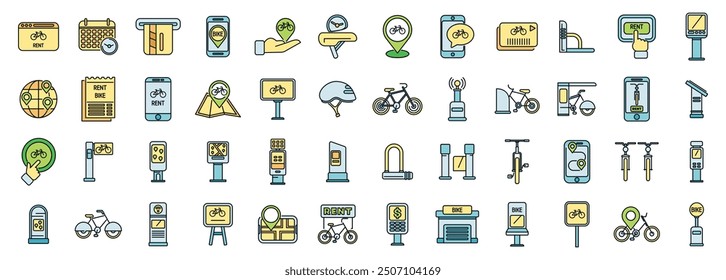 Set of colorful icons representing various aspects of bike rental and sharing services, including payment methods, mobile apps, and bike infrastructure