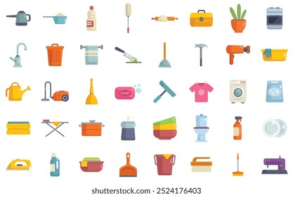 Set of colorful icons representing various cleaning tools and appliances, perfect for illustrating housework routines