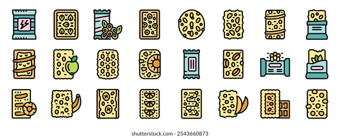 Set of colorful icons representing various types of cereal or energy bars, highlighting diverse ingredients and flavors