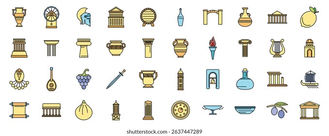 Set of colorful icons representing various aspects of ancient greece, including architecture, mythology, food, music and objects