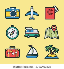 A set of colorful icons representing various travel elements like a camera, airplane, passport, compass, van, map, suitcase, sailboat, and island.