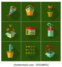 Set of colorful icons with shadow in flat style. Useful for flower shop, delivery, gift shop.