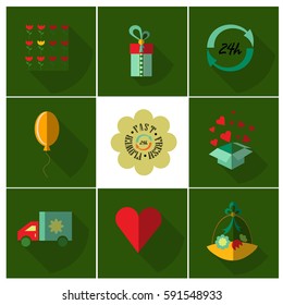 Set of colorful icons with shadow in flat style. Useful for flower shop, delivery, gift shop.