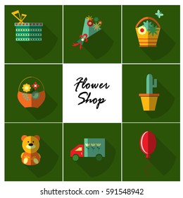 Set of colorful icons with shadow in flat style. Useful for flower shop, delivery, gift shop.