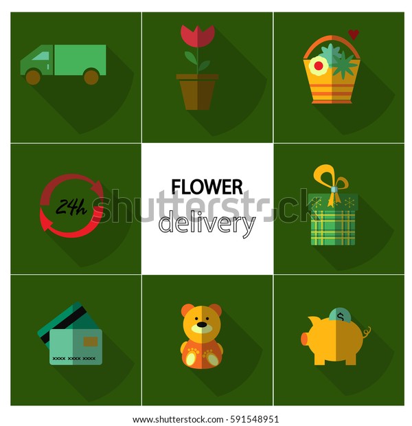 Set of colorful icons with\
shadow in flat style. Useful for flower shop, delivery, gift\
shop.