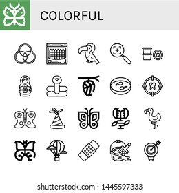 Set of colorful icons such as Butterfly, Rgb, Crayon, Toucan, Target, Coffee capsule, Matryoshka doll, Flamingo, Cocoon, Sample, Party hat, Carnivorous plant, Hot air balloon , colorful