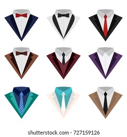 A set of colorful icons of suit and tuxedo, flat style isolated on white background. Vector illustration of holiday and classic suits. Clothes with a tie or a butterfly. 