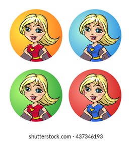 Set Of Colorful Icons Of Supergirl. Cartoon Supergirl Character. Woman Super Hero.