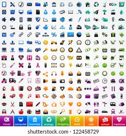 Set colorful icons: travel, computer, business, ecology, shopping, automotive, web, school and medicine