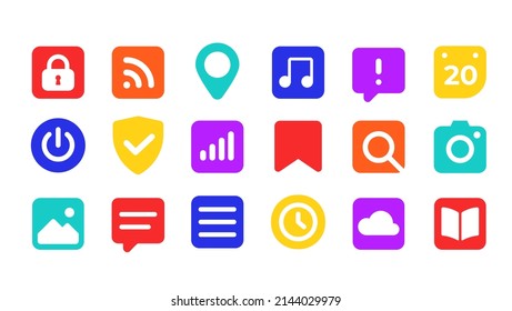 Set of colorful icons for UX UI design. Flat icons for the web design. Collection of Smartphone apps icons 