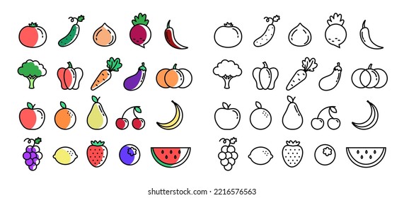Set of colorful icons of vegetables and fruits on a white background. Vector linear icons. Contains such icons as apple, carrot, watermelon and others representing healthy eating, healthy food.