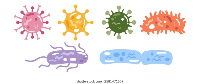 Set of colorful illustration of various bacteria and virus types in their microscopic forms.