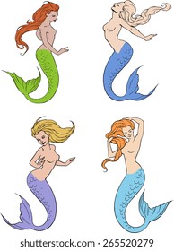 Set of colorful illustrations of beautiful mermaids