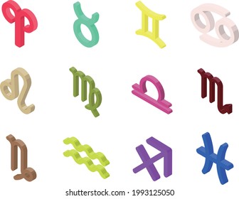 A set of colorful illustrations depicting the symbols of the 12 constellations in an isometric style