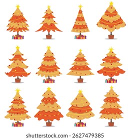 A set of colorful illustrations depicting various stylized Christmas trees adorned with baubles, stars, and holiday decor, accompanied by gift boxes, conveying festive and seasonal holiday cheer.
