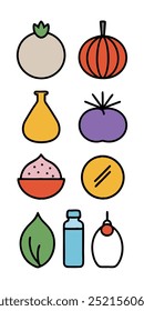 A set of colorful illustrations of different vegetables, fruits, and other items. Perfect for adding a touch of whimsy to your designs. Ideal for farmers markets, grocery stores.