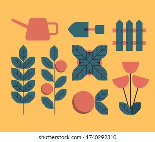 Set of colorful illustrations elements for gardening/botanical/sustainability/plants/fruits. 