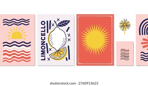 A set of colorful illustrations featuring suns and citrus fruits