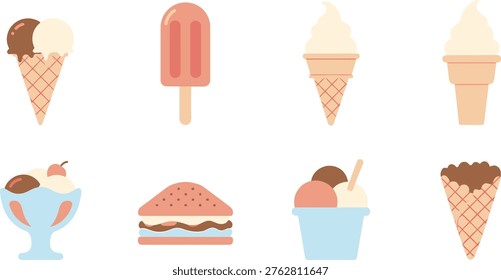 A set of colorful illustrations featuring various frozen treats, including ice cream cones and popsicles.