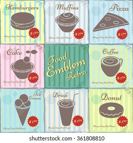 Set of colorful illustrations of food in a vintage frame in retro style.