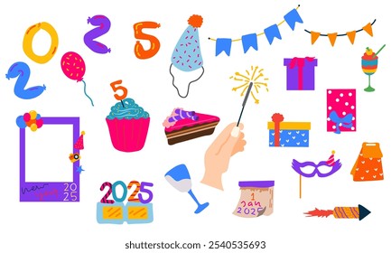 A set of colorful illustrations for New Year 2025, featuring festive items like party hats, balloons, sparklers, gifts, and holiday treats. Ideal for greeting cards, invitations, and celebration proje